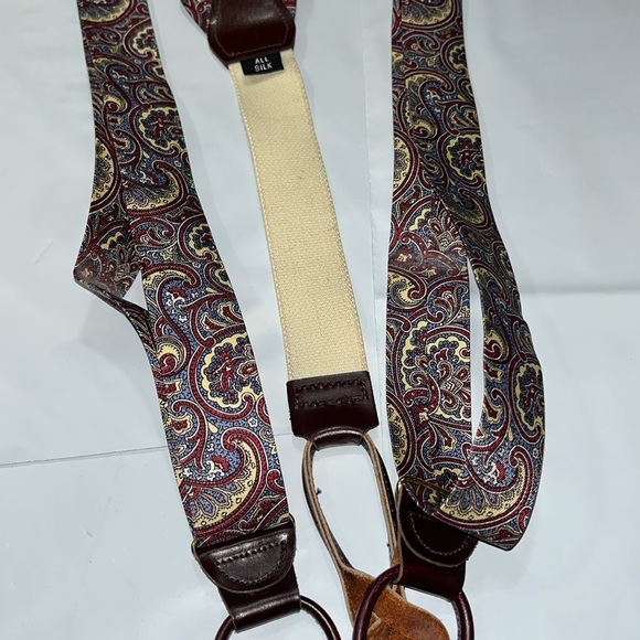 Paisley brown silk Suspenders blue burgundy cream Leather button strap Braces OS - Picture 4 of 9